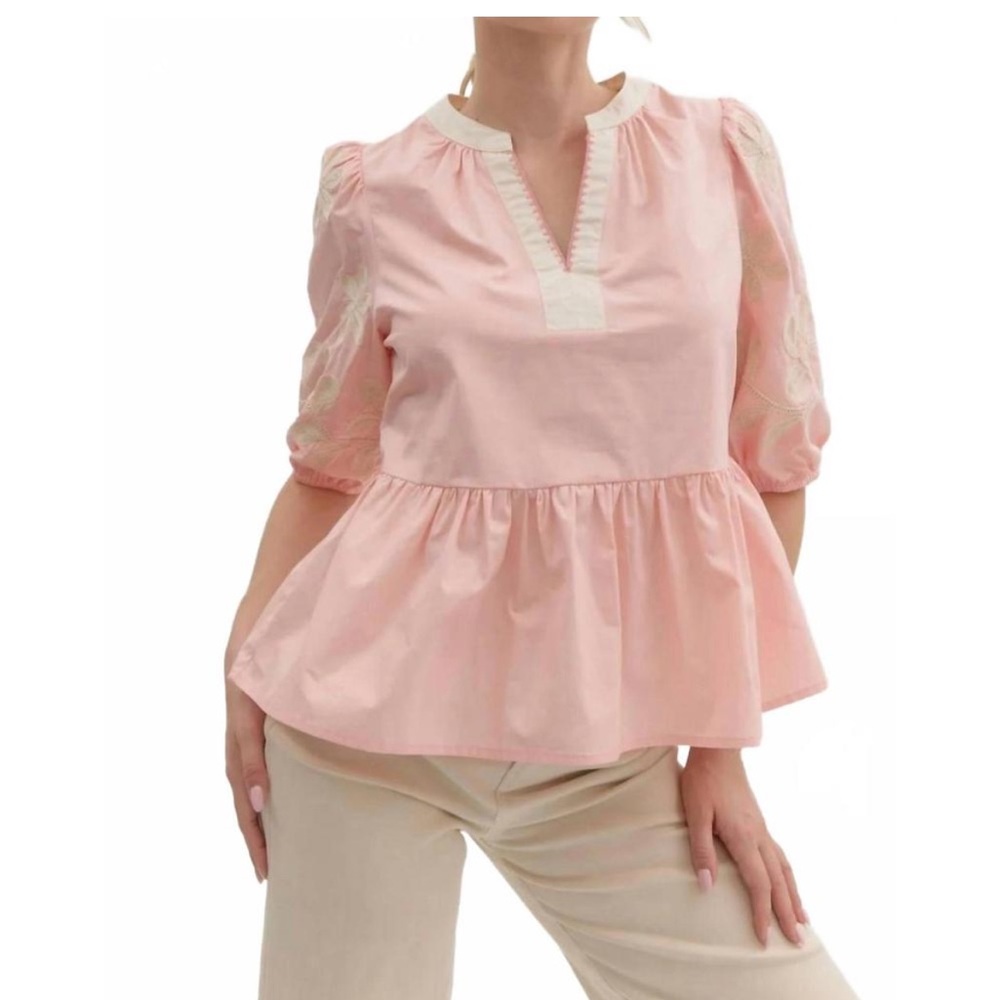 ENTRO solid top with embroidered sleeve in baby pink